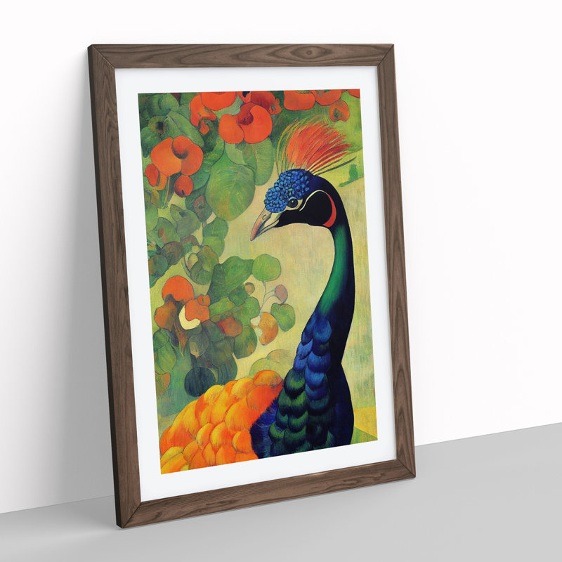 Painted Peacock No.1 - Single Picture Frame Painting, 64cm H x 46cm W x 2cm D, Walnut 