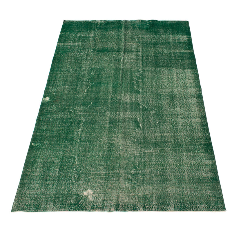 Tapis vert en laine noué à la main de conception unique et de style années 2000 4 pi 6 po x 9 pi 7 po Oliviarae