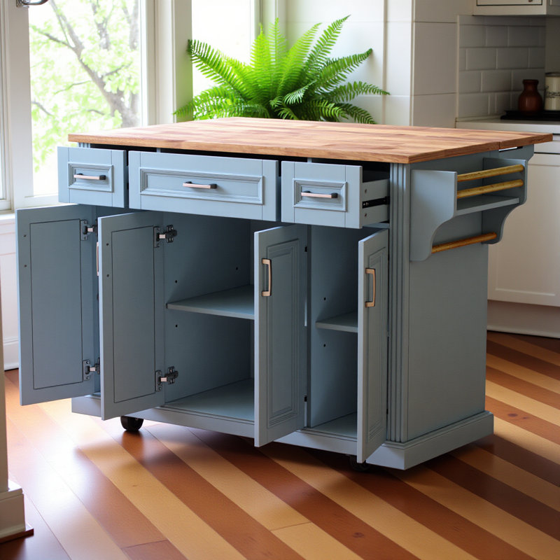 Grand îlot de cuisine de 54 pouces avec abattant en bois d'hévéa, chariot de cuisine à roulettes en relief sur 4 roues avec 4 portes et 3 tiroirs, îlot de cuisine avec rangement pour la cuisine, salle à manger, bleu gris