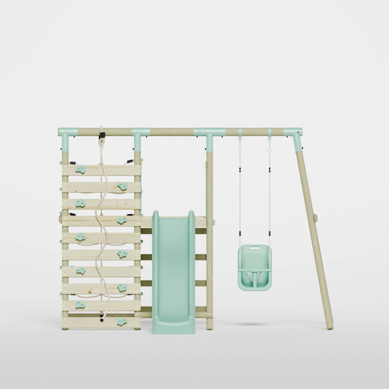 Mercia Wooden Round Pole Baby Seat Swing With Climbing Wall & Slide