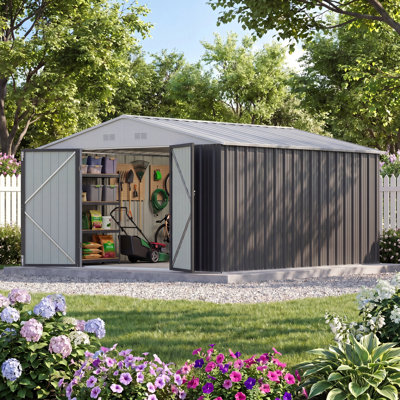 10 pi. L 12 pi. D Remise extérieure en métal résistante aux intempéries avec portes verrouillables et ventilation pour patio