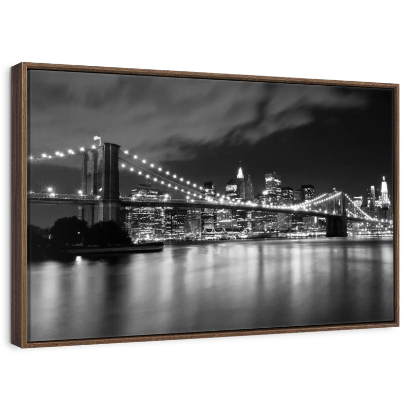 Pont de Brooklyn la nuit, Cadre flottant en noyer, 31 po x 21 po