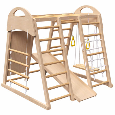 Wooden Swing Set w/Slide Swing and Climbing Net Rings,7-In-1 Toddler Climbing Toys ,Kids Jungle Gym