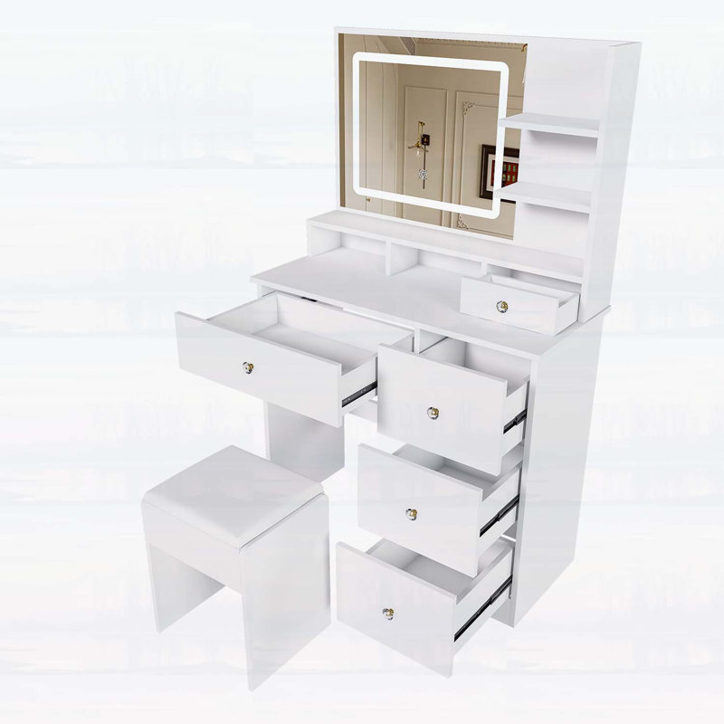 Bureau de coiffeuse avec miroir et éclairage tricolore Fashion, rangement ouvert, 5 tiroirs, support pour sèche-cheveux, prise de courant et tabouret, blanc