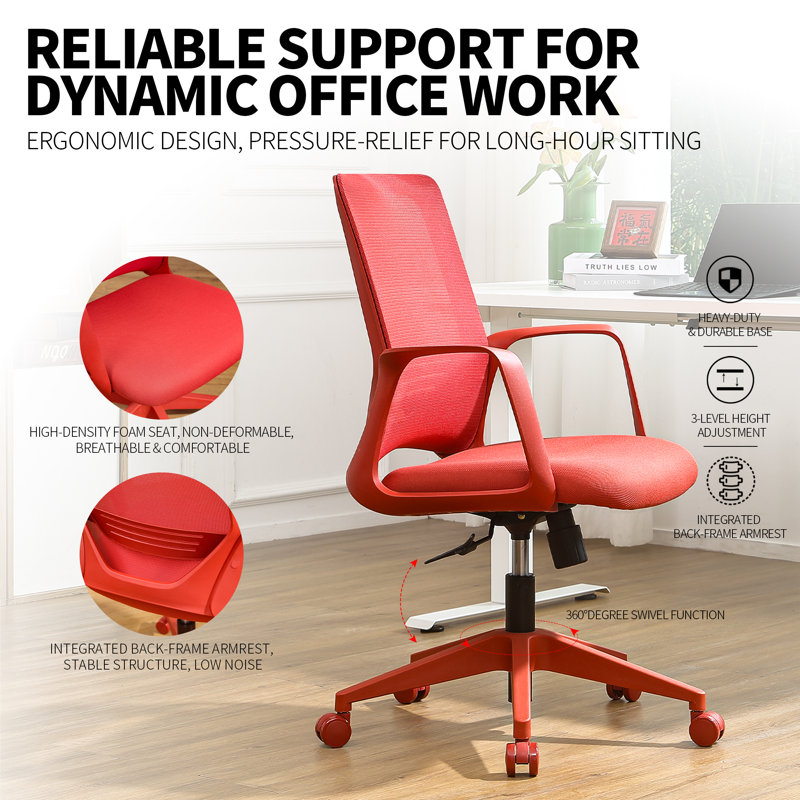 Chaise de bureau moderne en maille de 55,6 cm (21,9 po) de long avec soutien lombaire, chaise de travail pivotante supportant jusqu'à 159 kg (350 lb) pour bureau à domicile et petits espaces