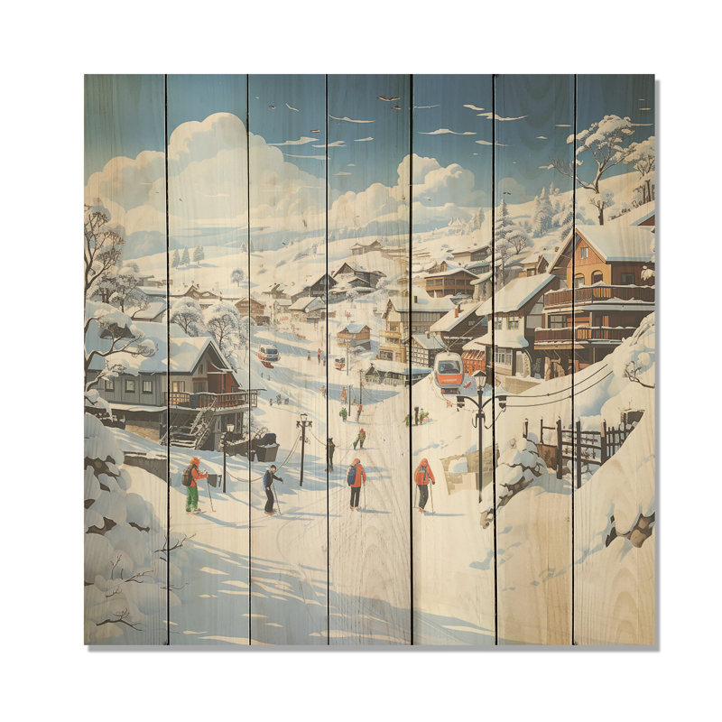«Skiing Winter Village Horizon» - fruits sur impression sur bois, H 30 po x l 30 po