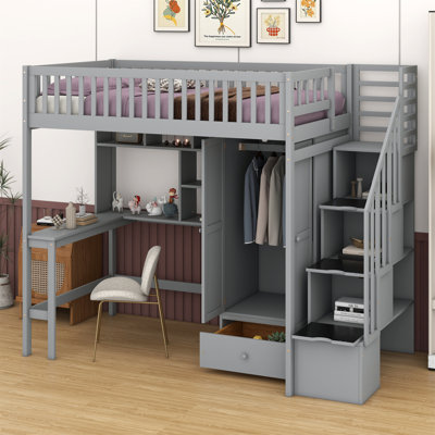 Loft Bed With Bookshelf,Drawers,Desk,And Wardrobe by Harriet Bee