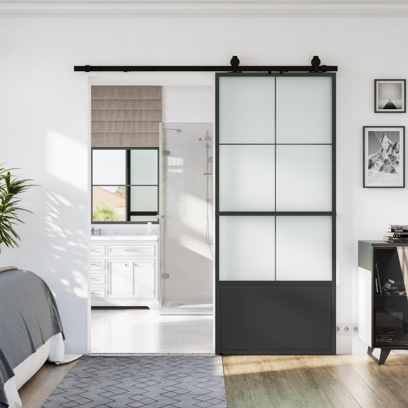 Black Aluminum and Frosted Glass Sliding Barn Door with Installation Kit