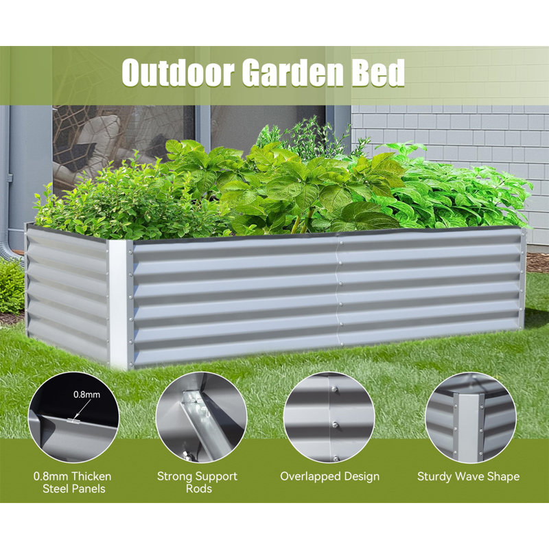 6X3X1.5Ft Galvanized Raised Garden Bed, 17.72" H x 70.87" W x 35.43" D, Silver/White