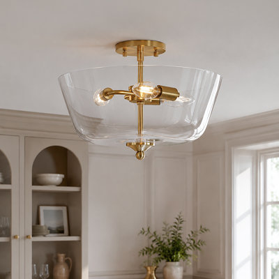 3-Light Vintage Round Ceiling Light with Clear Glass,Copper for Kitchen Island