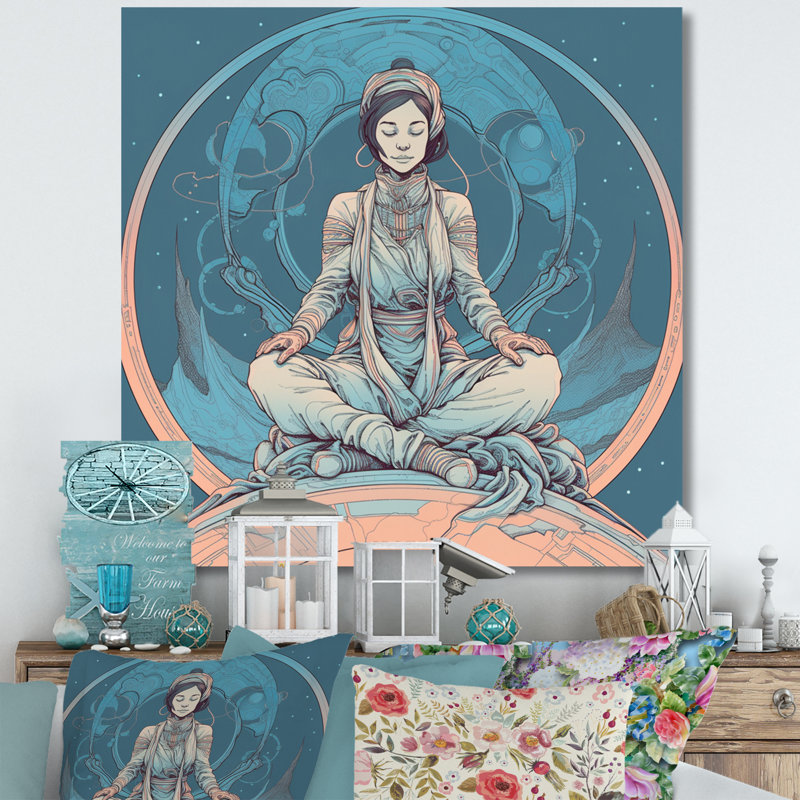 «Retro Yogini Meditation Harmony» en bleu délavé sur toile, H 24 po x l 24 po, Toile tendue