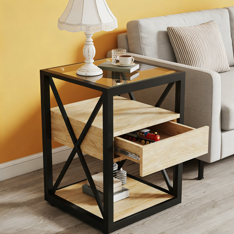 Table de bout moderne 21 po avec 1 tiroir et 1 plateau en verre trempé