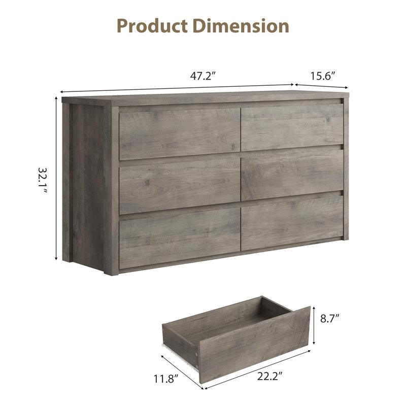 Commode 6 tiroirs sans poignée, commode de rangement moderne en bois pour chambre à coucher, salon, finition grise
