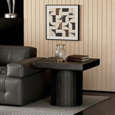 Modern Black Square Side Table With Fluted Pedestal Base - Minimalist Accent Table