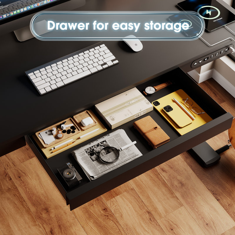 Height Adjustable Rectangle Standing Desk, Computer Desk with Drawer, USB Port and Type-C Port, Black