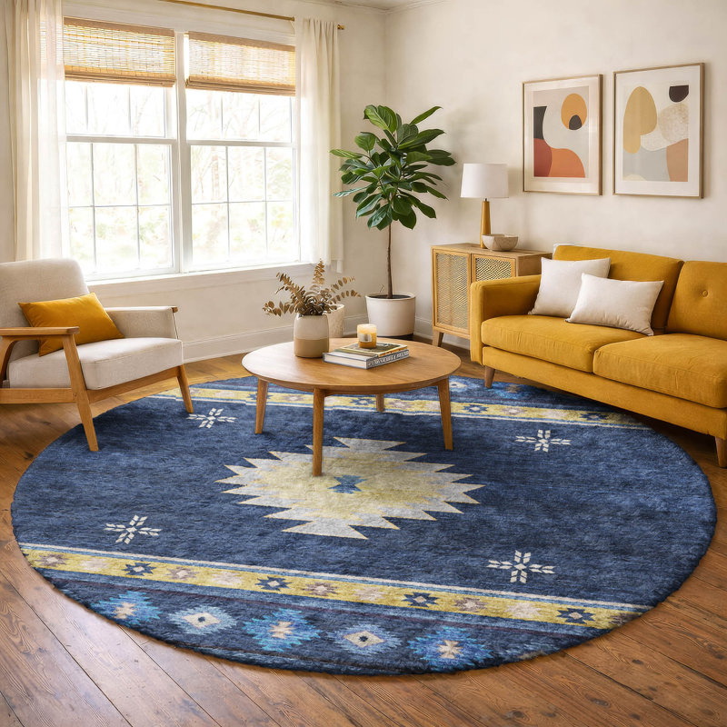 Premium Machine Washable Dream Shag ADS179 Aztec Rug, Blue, 8' Round