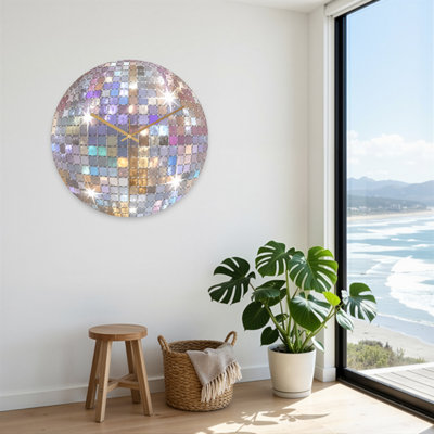 Stylish Shiny Mirror Ball With Reflective Square Tiles Pattern Ultra Clear Glass Wall Clock