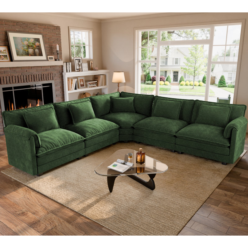 Canapé modulaire en coin revêtu de tissu d'ameublement Amabilia, Chenille verte, H 36,2 po x l 114 po x P 114 po