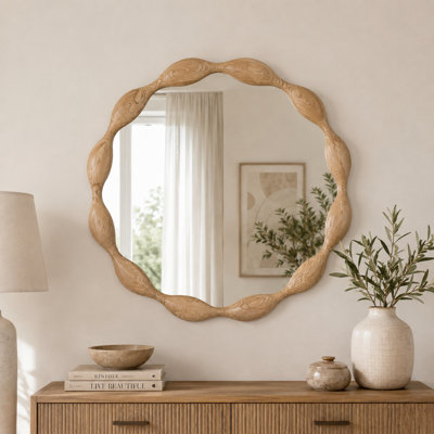 Marka 32.5" Vintage Round Solid Wood Framed Wavy Organic Design Wall Mounted Vanity Mirror