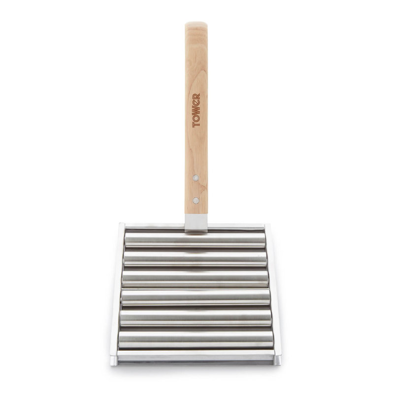 Tower BBQ Hot Dog Roller with Wooden Stay Cool Handle, Robust Construction, Stainless Steel