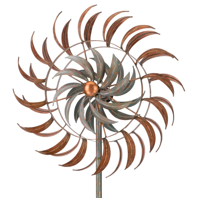 75" Metal Outdoor Garden Wind Spinner with Powder Coated Finish and Five Prong Ground Stake - Copper Petals, Copper Petals