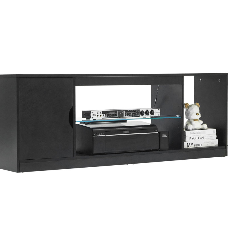 Meuble télé 65 po, tablette en verre, meuble audio-vidéo moderne, design minimaliste, tablettes réglables, éclairage multimode, expérience immersive audiovisuelle
