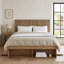 Lit plateforme moderne de style champêtre en bois avec tête de lit à lattes verticales et système de rangement à trois zones, taille standard, chêne clair-129681320-129681322