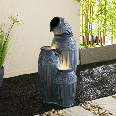 3 Tier Embossed Pattern Ceramic Pots Fountain with Light
