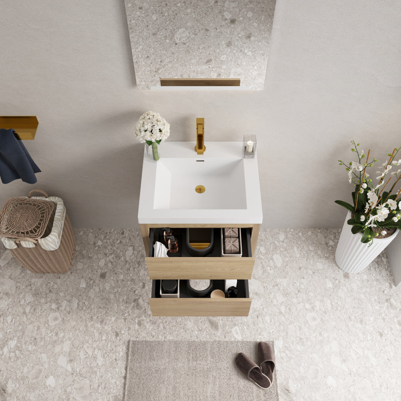 Meuble-lavabo suspendu en chêne naturel de 61 cm (24 po) avec comptoir monobloc en résine de pierre blanche, préassemblé pour une installation facile, tiroirs silencieux et sécuritaires, profondeur de 60,5 cm (23,85 po), profondeur du mur de 80 cm (31,5 po)