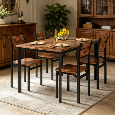 Ensemble de mobilier de salle à manger rustique 5 pièces Farmhouse, table de salle à manger à hauteur de comptoir en bois patiné, chaises de salle à manger en métal avec dossier à lattes doubles, ensemble de salle à manger compact dans un agencement de couleurs assorties pour les cuisines et les petits espaces de vie