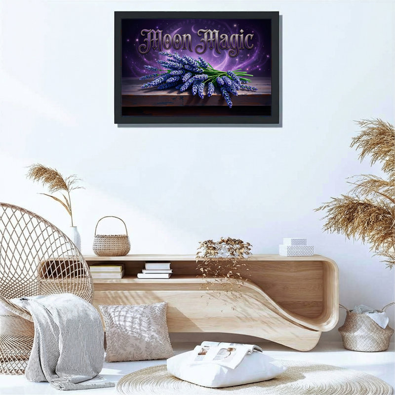Ensemble de 1 tableau sur toile tendue « Bouquet de lavande magique au clair de lune et ciel galactique violet »