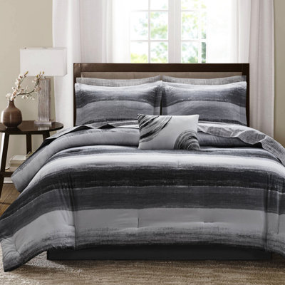 Édredon 9 pièces pour grand lit, microfibre rayée aquarelle noire, draps en coton, taies décoratives assorties, coussin décoratif, jupe, tissu de qualité pour dormir avec imprimé à rayures, fraîcheur brodée