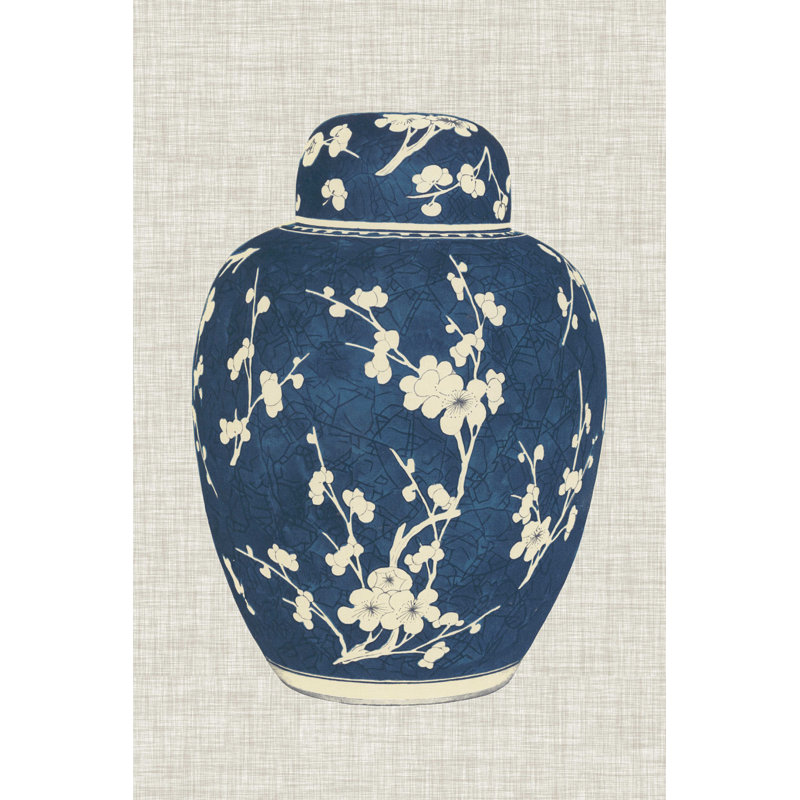 Pot à gingembre bleu et blanc sur toile de lin I, H 30 po x l 20 po