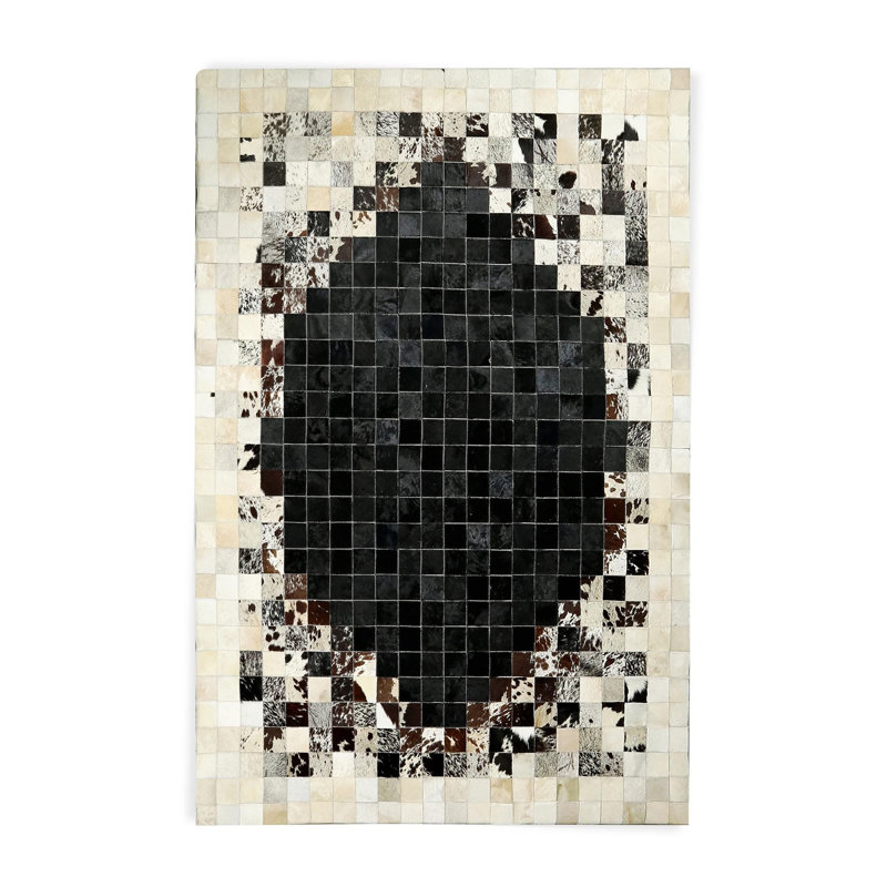 Tapis en cuir de vache noir et beige, Rectangle 8 pi 10 po x 12 pi