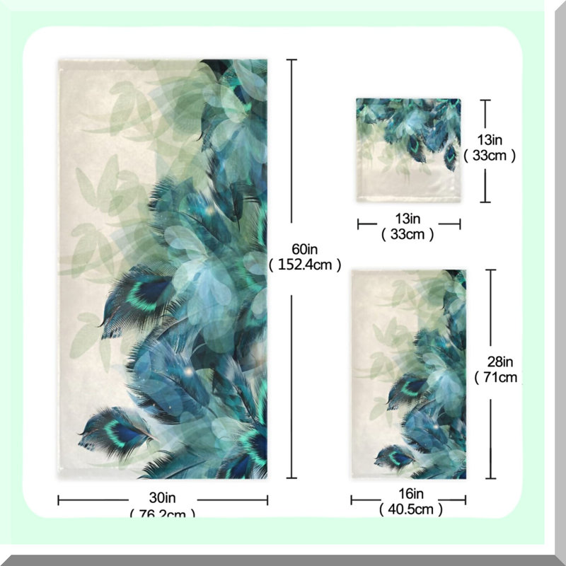 Peacock Paradise Soft Absorbent Bath Towels Set - 3 Piece Watercolor Teal Turquoise Floral Green Leaf Print - Includes Bath Towel, Hand Towel, Washcloth - Perfect for Spa & Gym