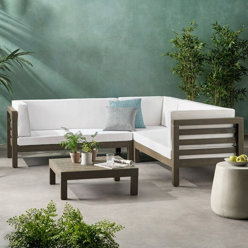 Ensemble modulaire d'extérieur en bois avec coussins, Blanc