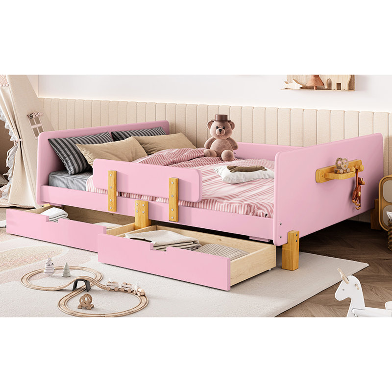 Lit plateforme double pleine grandeur avec rangement de tiroir, structure en bois de pin, garde et crochets pour la disposition fonctionnelle de la chambre à coucher - bien organisé