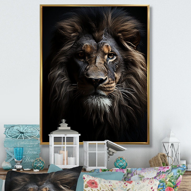 «Black and White Lion Portrait Vibrant II», reproduction d'art sur toile, H 32 po x l 24 po x P 1 po, Cadre flottant doré