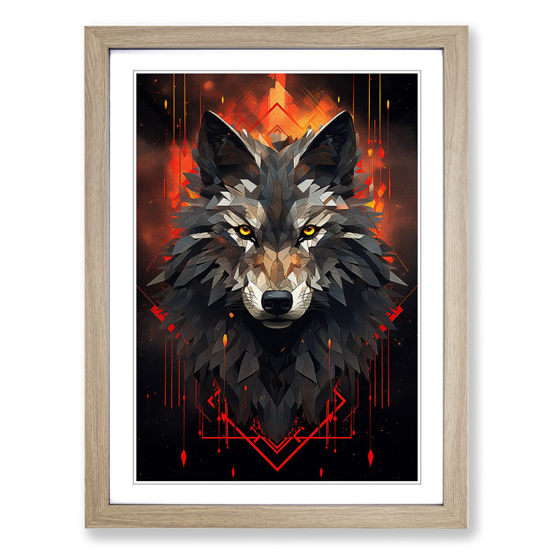 XYZ-FRM-V1223-1692 Wolf Geometric - Single Picture Frame Print on Wood, Oak , 64cm H x 46cm W x 2cm D