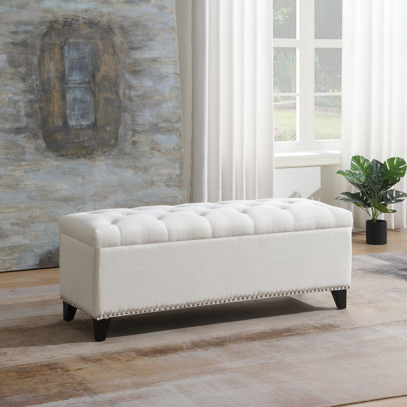 Repose-pieds avec rangement, banc de rangement avec charnière à fermeture sécuritaire, repose-pieds capitonné en lin, Beige