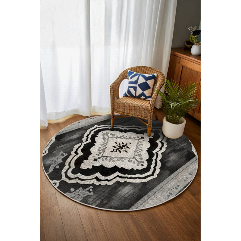 Tapis marocain en coton et polyester à imprimé numérique Rayhan Collection, Rond 3 pi 4 po