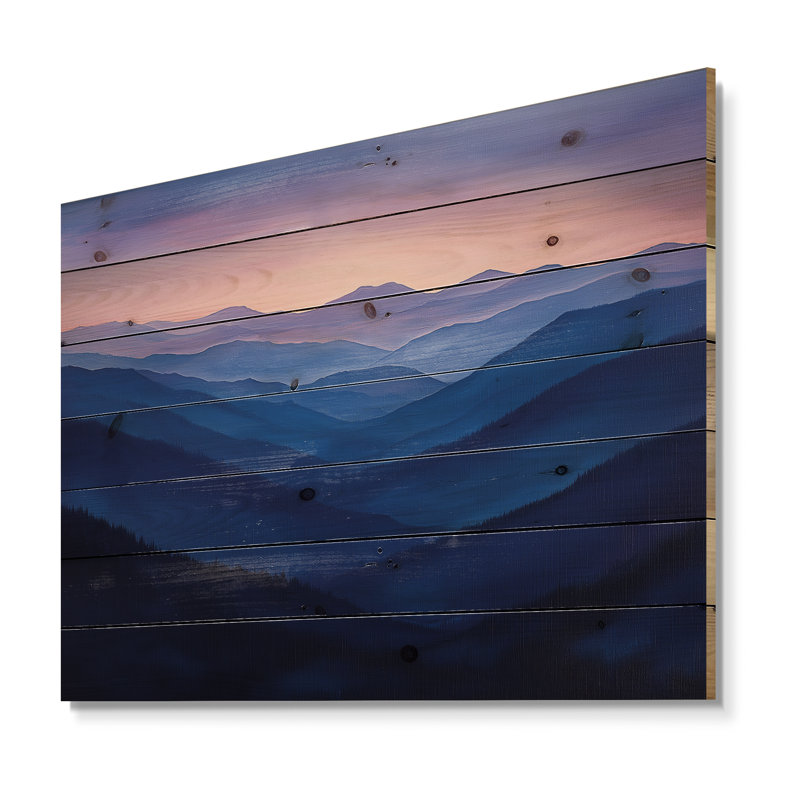 Lavande, montagne, crêtes au crépuscule I - paysage de montagnes, art mural sur bois de pin naturel
