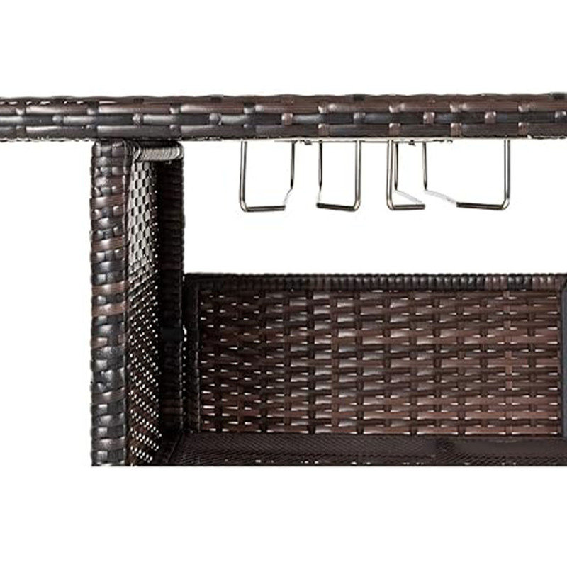 Table de bar d'extérieur en osier avec 2 tablettes en acier et structure en acier robuste, table légère - brun