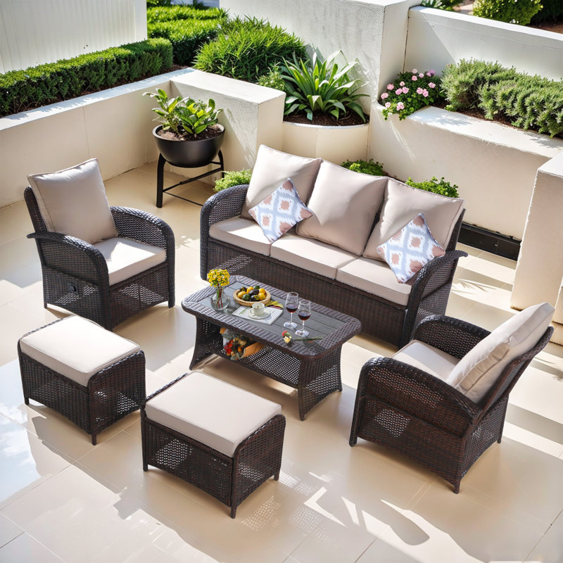 6 Pieces Outdoor Wicker Patio Conversation Set with Reclining Chairs, Ottomans & Furniture Cover, Brown