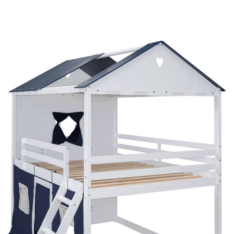 Low House Style Bunk Bed With Roof, Full , White/Blue