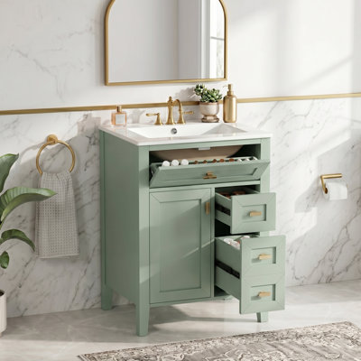 Meuble-lavabo autoportant de 24 po avec lavabo en céramique, tiroir escamotable, armoire avec rangement pour porte et quincaillerie dorée