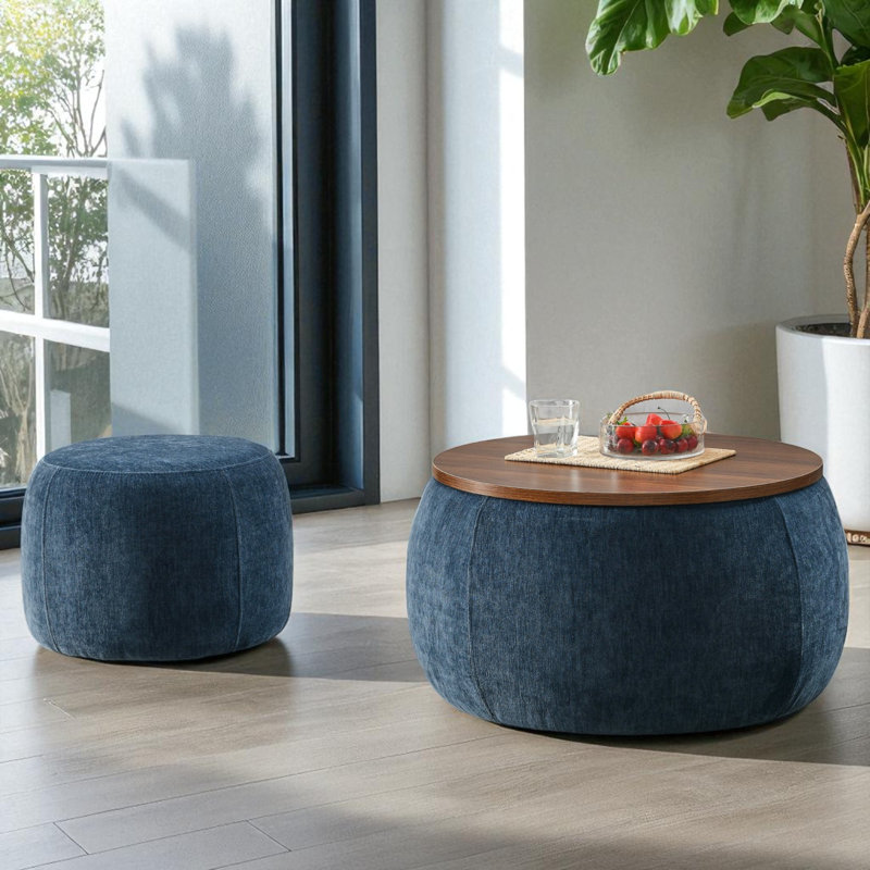 Table basse rembourrée avec repose-pieds, Brun, Bleu très foncé