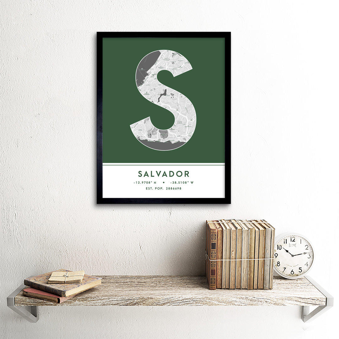 Salvador City Map Salvador Green by Wee Blue Coo - Single Picture Frame Typography