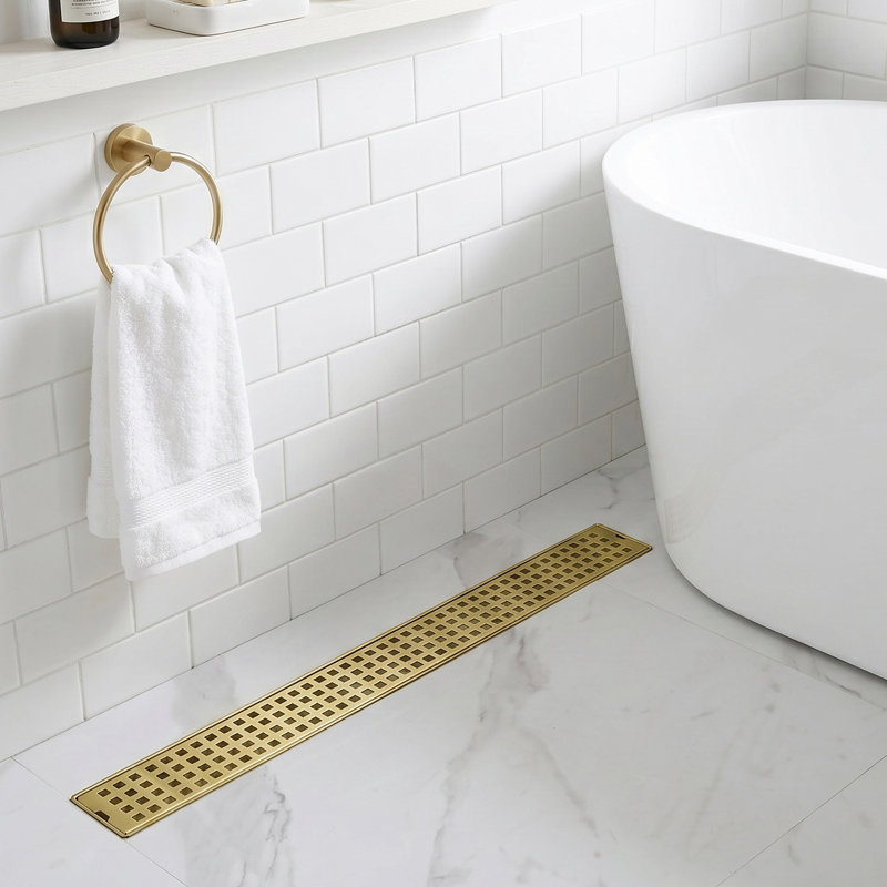 Modern Linear Grid With Hair Strainer And Lifting Hook For Bathroom Shower, Brushed Gold, 35.4 Inches