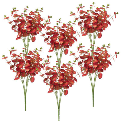 Set of 6 Artificial Red Eucalyptus Stems 10x10x20"H, 4-Branch Faux Eucalyptus Bundle for Home & Office Floral Arrangement Decor